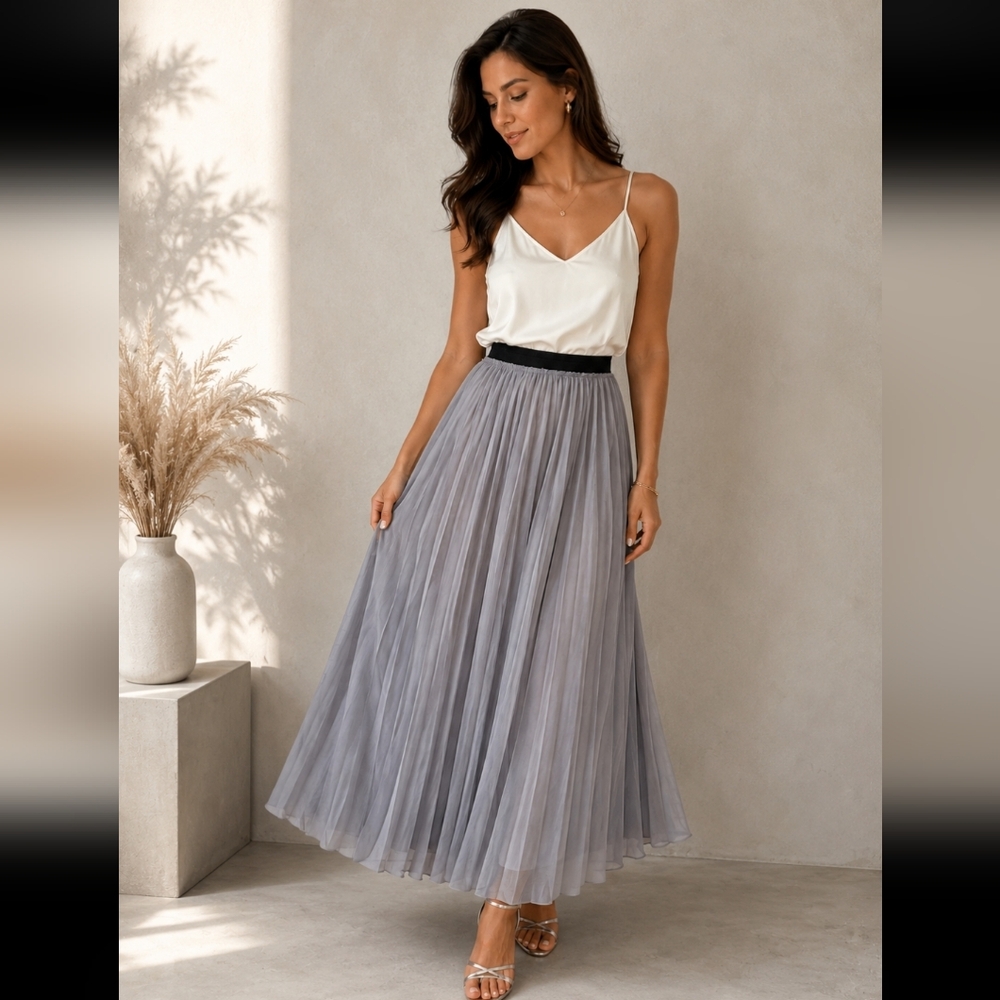 Enza Costa Pleated Maxi Skirt in Light Gray with Black Waistband